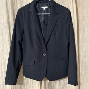 Navy blue pinstriped suit jacket